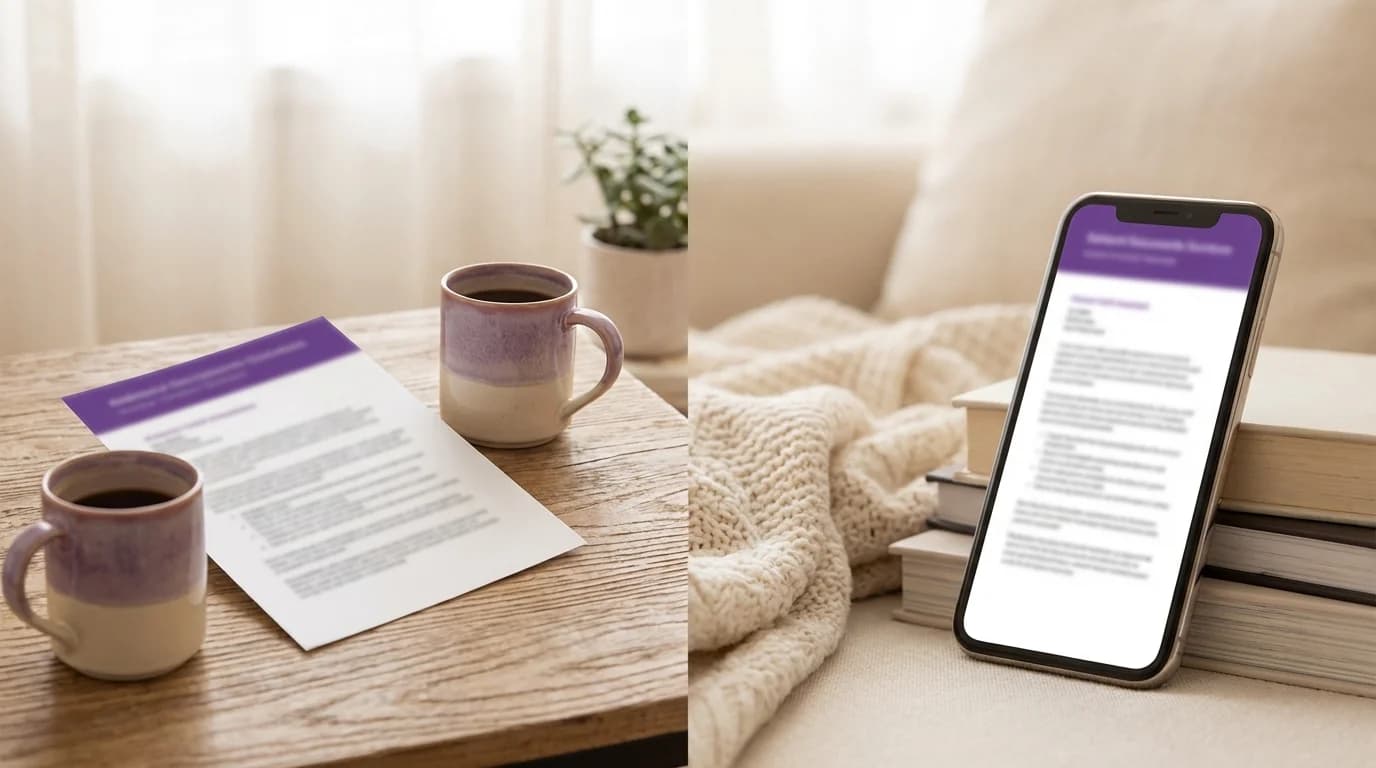 Gedrucktes A4-Exemplar und Smartphone-Ansicht nebeneinander