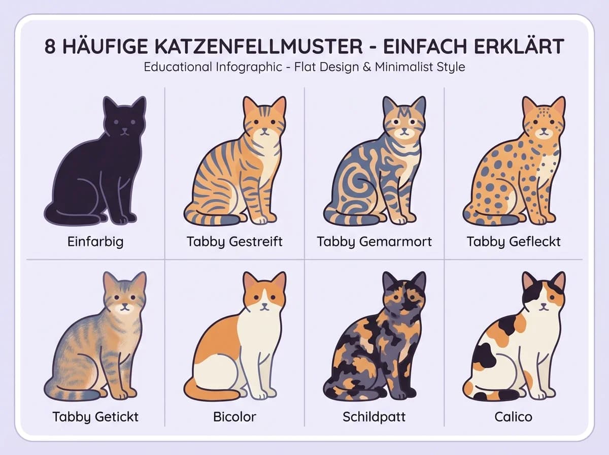 Schaubild: 8 häufige Katzenfellmuster im Überblick — Einfarbig, Tabby, Schildpatt, Calico