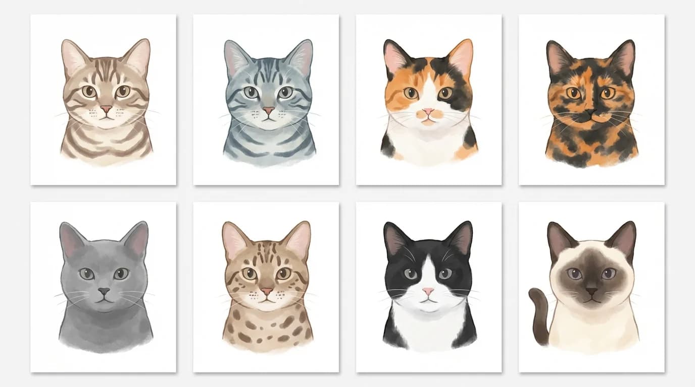 Überblick verschiedener Katzenfellmuster — Tabby, Calico, Schildpatt, Tuxedo und mehr
